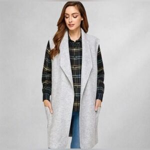 Tahari Gray Open Front Long Wool Blend Vest Cardigan Duster w/ Pockets Sz Sm